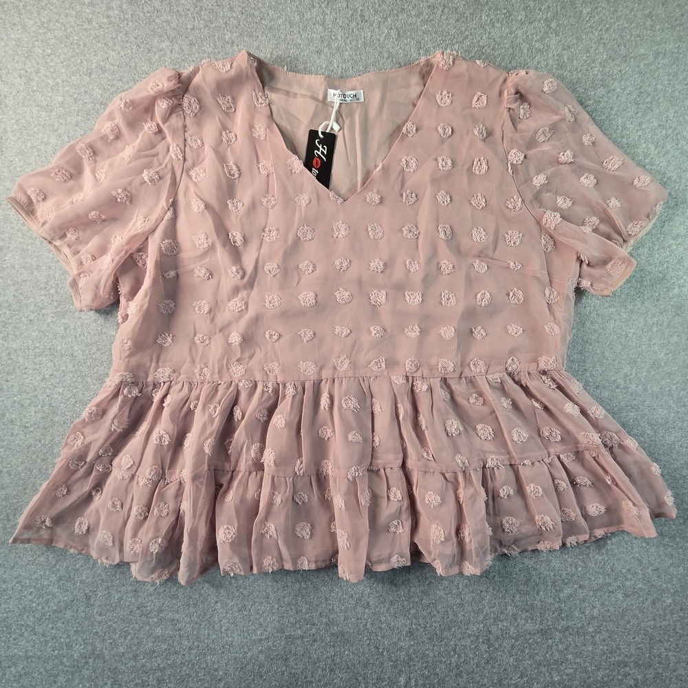Hotouch Swiss Dot Peplum Top Womens XXL Pink Short Puff Sleeve V-Neck Blouse - Picture 2 of 12